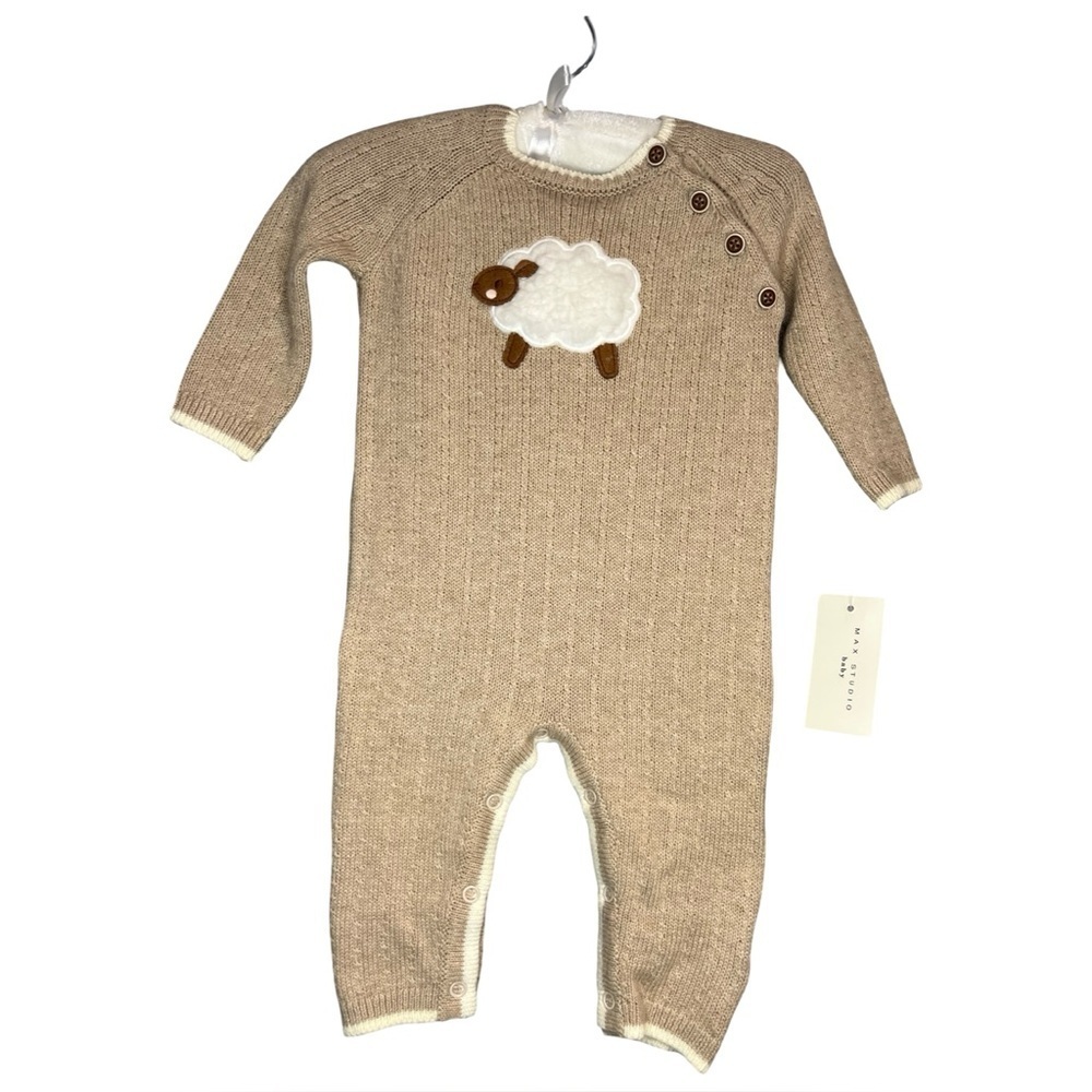 NWT Max Studio Baby 100% Cotton Tan Knit Sheep One Piece and Hat